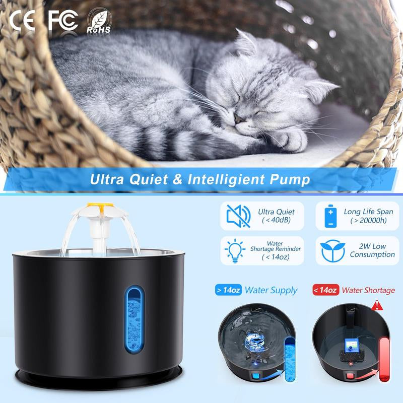 Cat Water Fountain 81Oz/2.4L Stainless Steel Pet Drinking with Intelligent Pump and LED for Cats