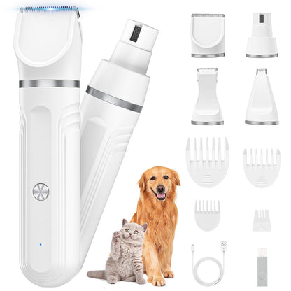 4-in-1 Dog Grooming Kit – Quiet Cordless Clippers, Paw Trimmer, Nail Grinder & Shaver