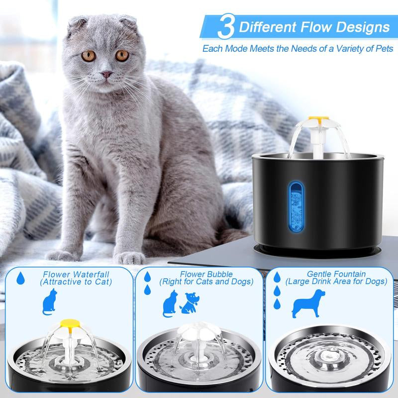 Cat Water Fountain 81Oz/2.4L Stainless Steel Pet Drinking with Intelligent Pump and LED for Cats